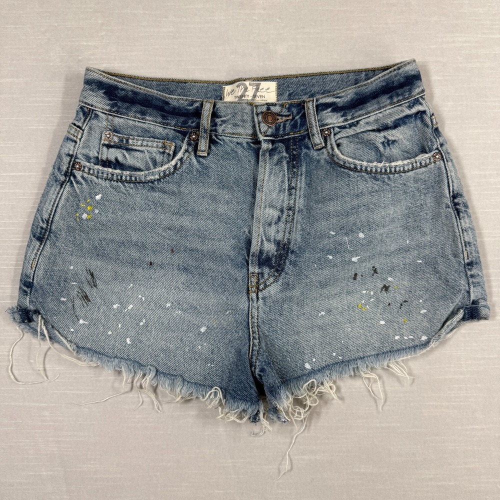 We The Free Denim Shorts Women 27 Blue Faded Distressed Paint Splatter Cut Off